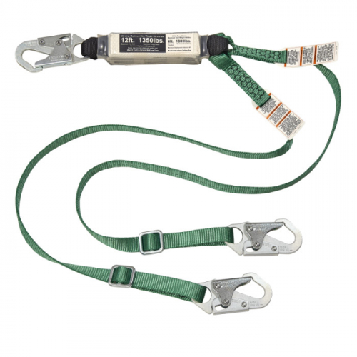 MSA 10211487, V-SERIES 12FT Free Fall/Heavy Worker twin leg energy absorbing lanyard, 6' small snaph