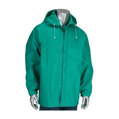 PIP 205-420JH/3X, RAIN JACKET .42MM PVC/NYLON/PVC, FR TREATED, ATTACHED HOOD, GREEN