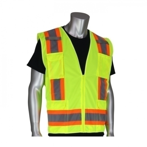 PIP 302-0500S-YEL/5X, CLASS 2 SOLID VEST, ZIPPER, 8 POCKETS, MIC TAB, TWO TONE TAPE, LY