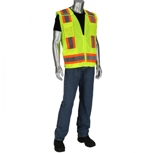 PIP 302-0505-LY/2X, CLASS 2 SOLID/MESH VEST, ZIPPER, 8 POCKETS, MIC TAB, TWO TONE TAPE