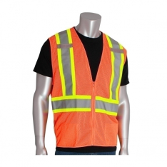 PIP 302-0600D-OR/XL, CLASS 2 MESH VEST, 'D'RING, ZIPPER, 2 POCKETS, TWO TONE TAPE, OR