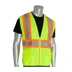 PIP 302-MAPLY-XL, CLASS 2 SOLID VEST, 12 POCKETS, ZIPPER CLOSURE, TWO TONE TAPE, LY