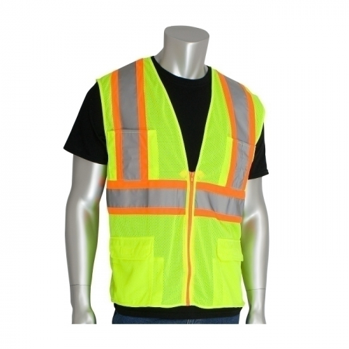 PIP 302-MAPMLY-2X, CLASS 2 MESH VEST, 12 POCKETS, ZIPPER CLOSURE, TWO TONE TAPE, LY