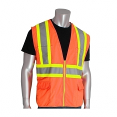 PIP 302-MAPOR-XL, CLASS 2 SOLID VEST, 12 POCKETS, ZIPPER CLOSURE, TWO TONE TAPE, OR