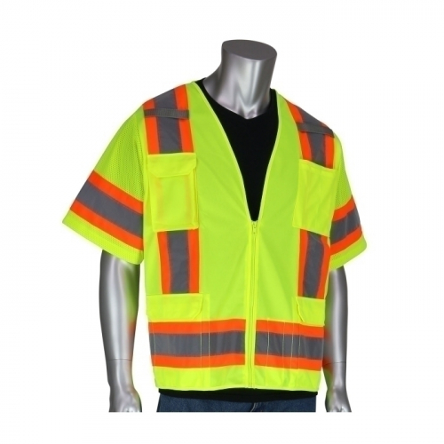 PIP 303-0500-LY/2X, CLASS 3 SOLID/MESH VEST, ZIPPER, 11 POCKETS, MIC TAB, TWO TONE TAPE, LY