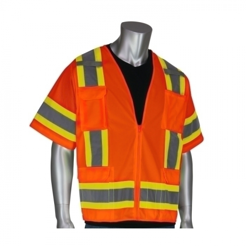 PIP 303-0500-OR/4X, CLASS 3 SOLID/MESH VEST, ZIPPER, 11 POCKETS, MIC TAB, TWO TONE TAPE, OR