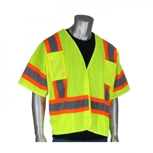 PIP 303-5PMTT-LY/3X, CLASS 3 MESH BRKWY VEST, 4 POCKETS, H&L CLOSURE, TWO TONE TAPE, LY