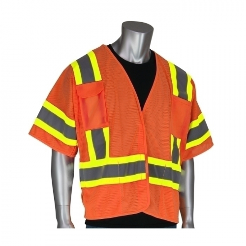 PIP 303-5PMTT-OR/2X, CLASS 3 MESH BRKWY VEST, 4 POCKETS, H&L CLOSURE, TWO TONE TAPE, OR