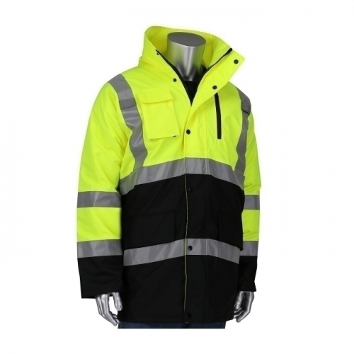 PIP 343-1750-LY/L, TYPE R CLASS 3 HI VIS BLK BOTTOM COAT, INSULATED, 6 POCKETS, HOOD LY