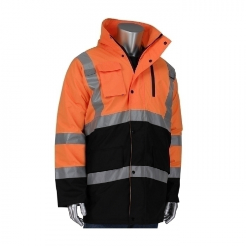 PIP 343-1750-OR/3X, TYPE R CLASS 3 HI VIS BLK BOTTOM COAT, INSULATED, 6 POCKETS, HOOD OR