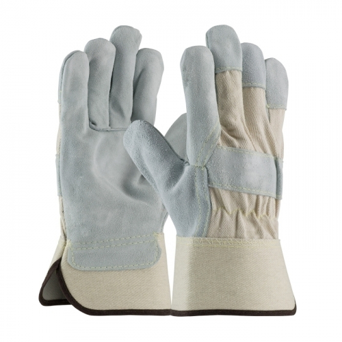 PIP 500DP-AA/M, PREM SPLIT COW DOUBLE PALM, WING THUMB, WHITE CANVAS BACK, RUBBER SAFETY CUFF