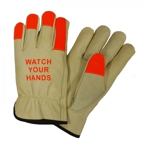 PIP 990KOT/L, COWHIDE LEATHER DRIVERS, KEYSTONE THUMB, HV ORG FINGERTIPS & WATCH YOUR HANDS