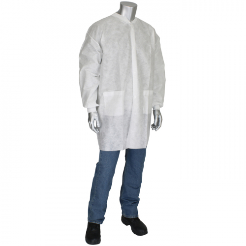 PIP C3828/L, DISPOSABLE WHITE LAB COAT WITH KNIT WRIST AND COLLAR