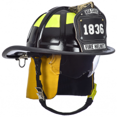 MSA 10247314, Cairns 1836 Black Fire Helmet, with standard liner, clear Defender Visor, yellow Nomex