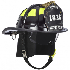 MSA 10247315, Cairns 1836 Black Fire Helmet, with standard liner, clear Defender Visor, Black Nomex 