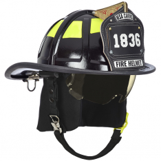 MSA 10247317, Cairns 1836 Black Fire Helmet, with standard liner, amber Defender Tuffshield Visor, B