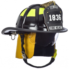 MSA 10247320, Cairns 1836 Black Fire Helmet, with standard liner, clear Defender Visor, Yellow Nomex