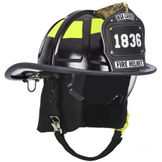 MSA 10247331, Cairns 1836 Black Fire Helmet, with standard liner, clear Defender Visor, Black Nomex 