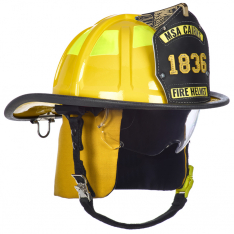 MSA 10247332, Cairns 1836 Yellow Fire Helmet, with standard liner, clear Defender Visor, Yellow Nome