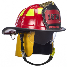 MSA 10247334, Cairns 1836 Red Fire Helmet, with standard liner, clear Defender Visor, Yellow Nomex e